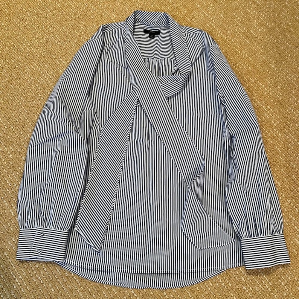 blue and white striped popover blouse with bow